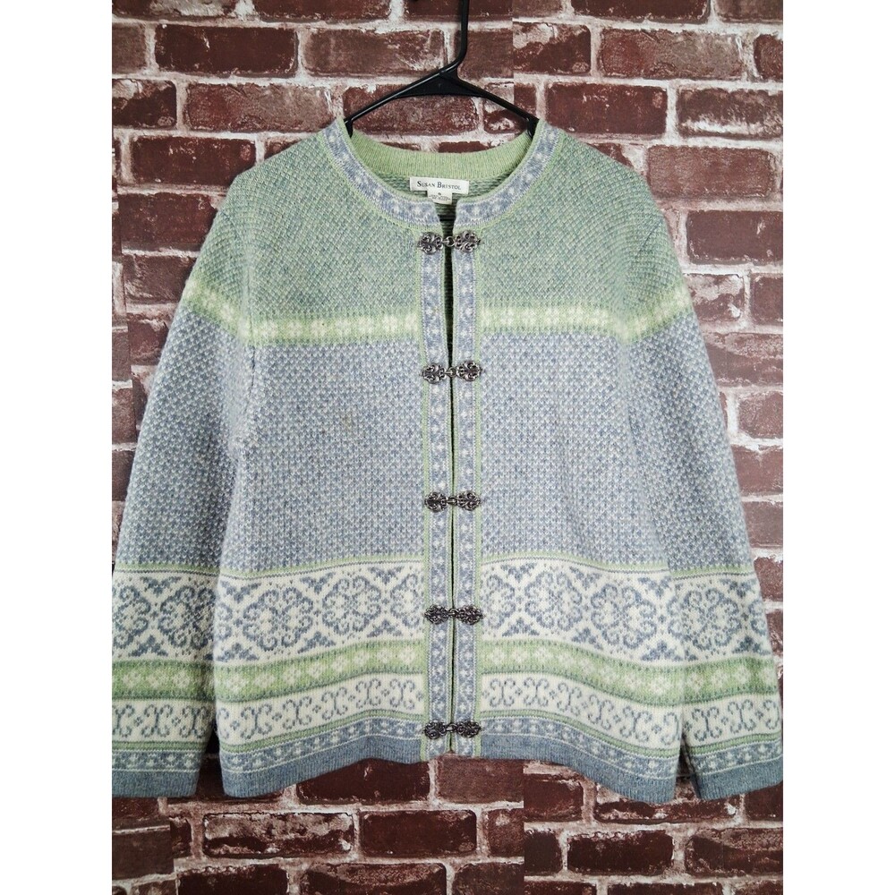 VTG Susan Bristol Sweater Women Small Wool Cardigan Fair Isle Hook & Eye Cottage